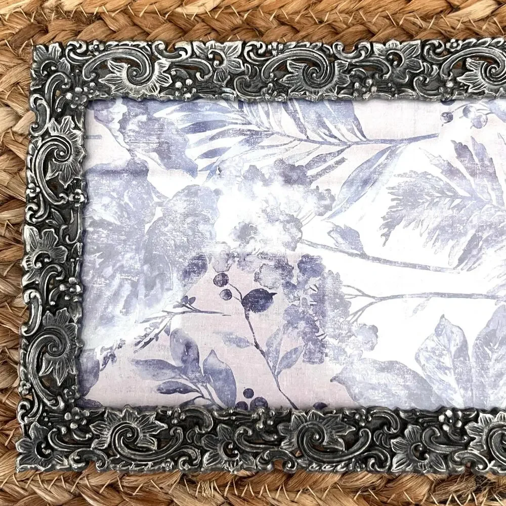 Vintage Pewter Photo Frame Floral Scrolls Ornate Baroque Style Relief Pattern 6